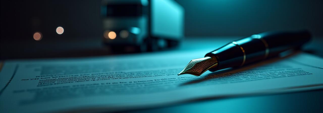 Close-up of a logistic contract on a dark wooden table